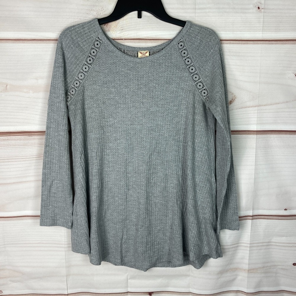 Faded Glory Top Womens M Gray Waffle Knit Crochet Trim Tunic Long Sleeve Solid
